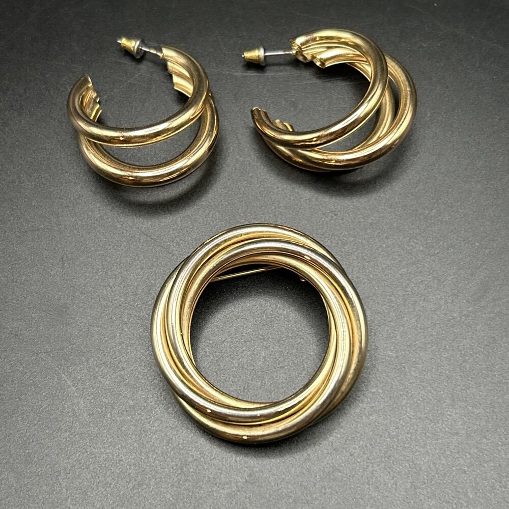 Vintage Brooch and Earrings Set Gold Tone Metal Hoops Costume Jewelry